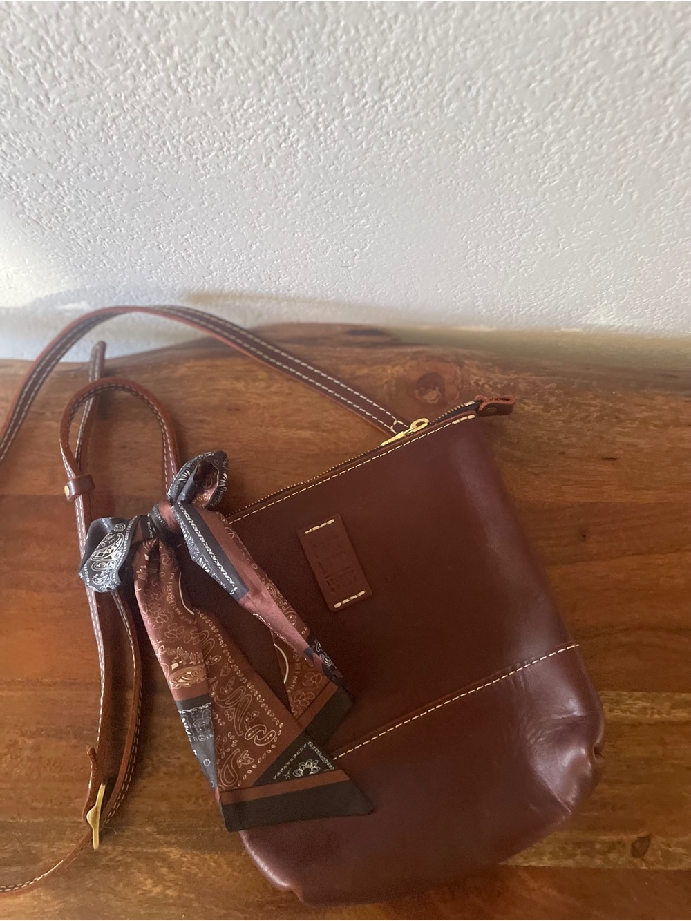 NWOT Portland Leather Goods Brown Full Grain Leather Crossbody + Matching Scarf